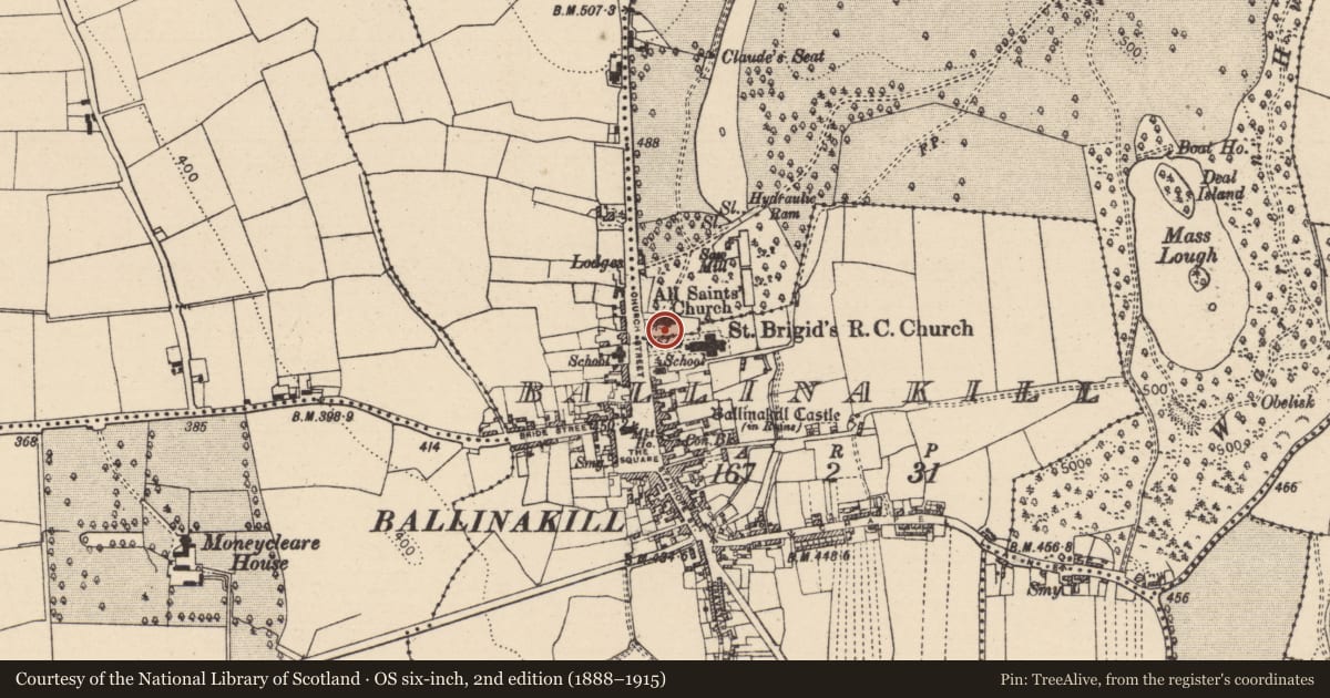 Ordnance Survey six-inch map, 2nd edition (1888–1915) covering the location of Graveyard, Haywood Demesne, County Laois, with a pin at the register's coordinates