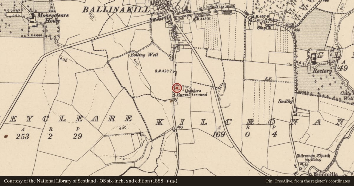 Ordnance Survey six-inch map, 2nd edition (1888–1915) covering the location of Burial ground, Ballinakill, County Laois, with a pin at the register's coordinates