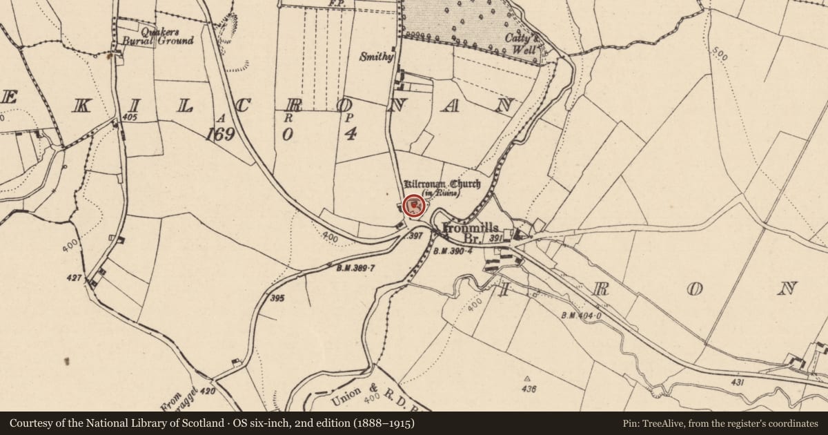 Ordnance Survey six-inch map, 2nd edition (1888–1915) covering the location of Church, Kilcronan, County Laois, with a pin at the register's coordinates