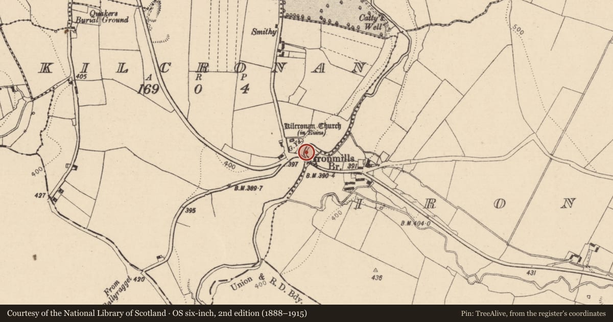 Ordnance Survey six-inch map, 2nd edition (1888–1915) covering the location of Metalworking site, Ironmills Or Kilrush, Kilcronan, County Laois, with a pin at the register's coordinates