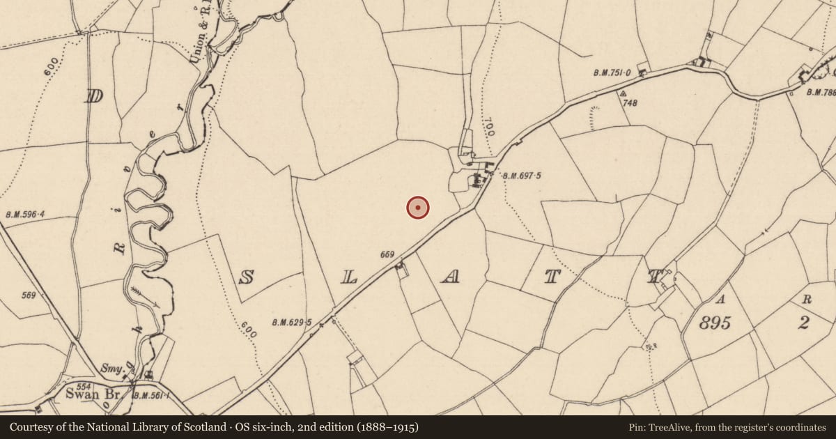 Ordnance Survey six-inch map, 2nd edition (1888–1915) covering the location of Barrow - ring-barrow, Slatt Lower, County Laois, with a pin at the register's coordinates