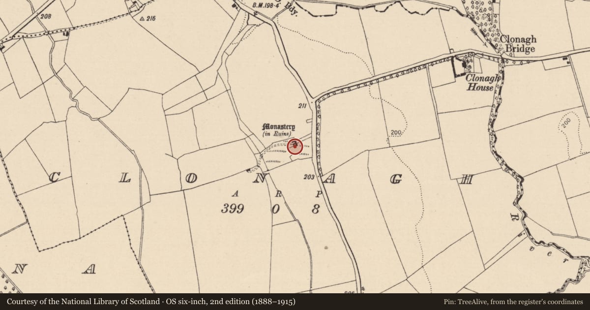 Ordnance Survey six-inch map, 2nd edition (1888–1915) covering the location of Religious house - unclassified, Clonagh, County Laois, with a pin at the register's coordinates