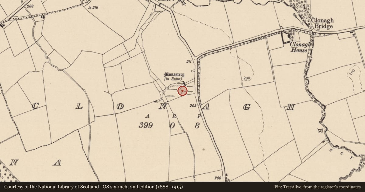 Ordnance Survey six-inch map, 2nd edition (1888–1915) covering the location of Graveyard, Clonagh, County Laois, with a pin at the register's coordinates
