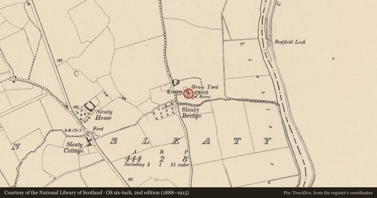 Ordnance Survey six-inch map, 2nd edition (1888–1915) covering the location of Church, Sleaty, County Laois, with a pin at the register's coordinates