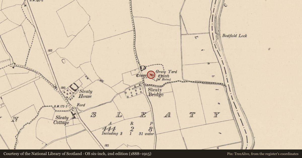 Ordnance Survey six-inch map, 2nd edition (1888–1915) covering the location of Graveyard, Sleaty, County Laois, with a pin at the register's coordinates