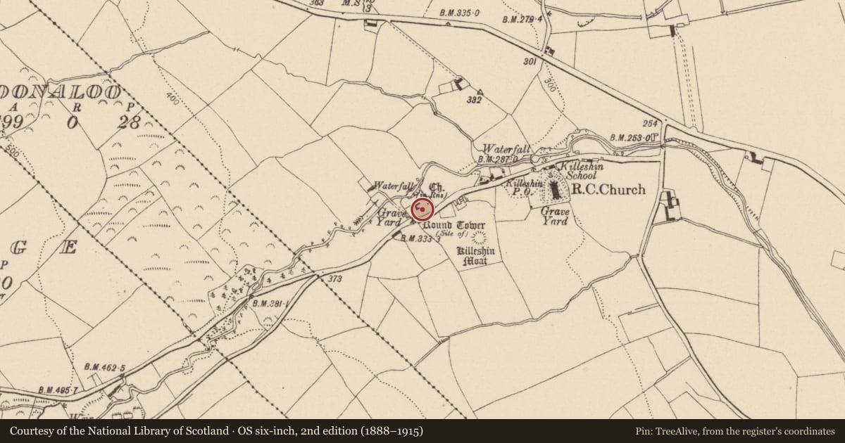 Ordnance Survey six-inch map, 2nd edition (1888–1915) covering the location of Church, Killeshin, County Laois, with a pin at the register's coordinates