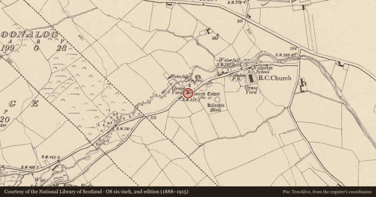 Ordnance Survey six-inch map, 2nd edition (1888–1915) covering the location of Round tower, Killeshin, County Laois, with a pin at the register's coordinates