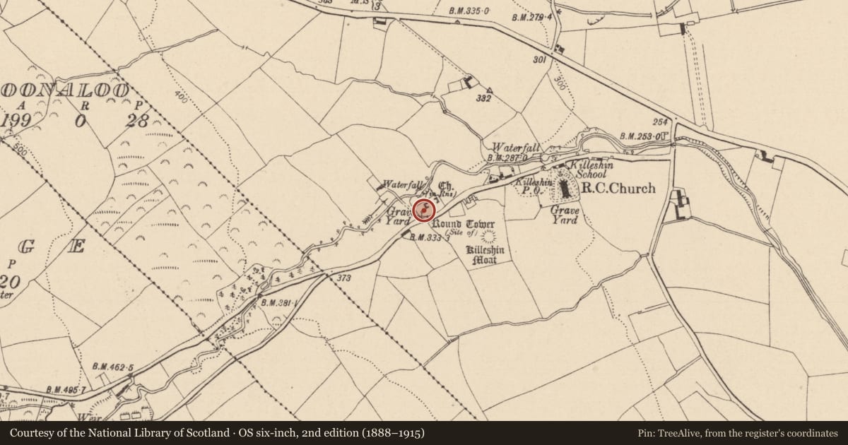 Ordnance Survey six-inch map, 2nd edition (1888–1915) covering the location of Font, Killeshin, County Laois, with a pin at the register's coordinates