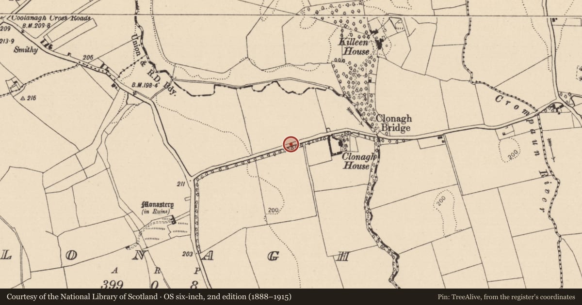 Ordnance Survey six-inch map, 2nd edition (1888–1915) covering the location of Enclosure, Clonagh, County Laois, with a pin at the register's coordinates
