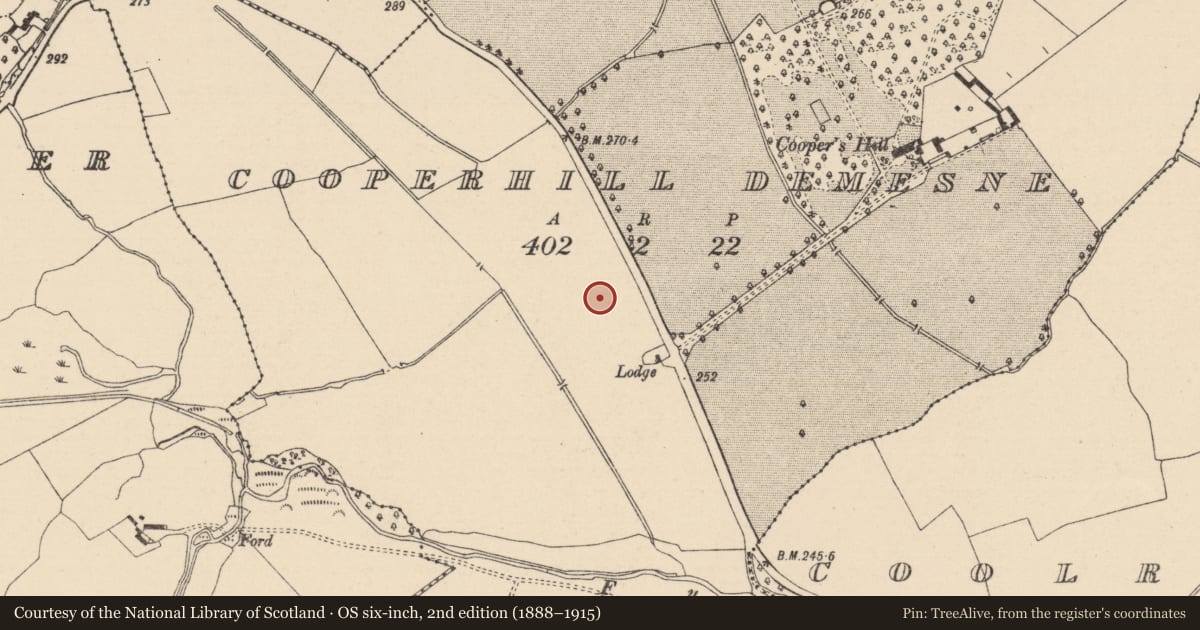 Ordnance Survey six-inch map, 2nd edition (1888–1915) covering the location of Enclosure, Cooperhill Demesne, County Laois, with a pin at the register's coordinates