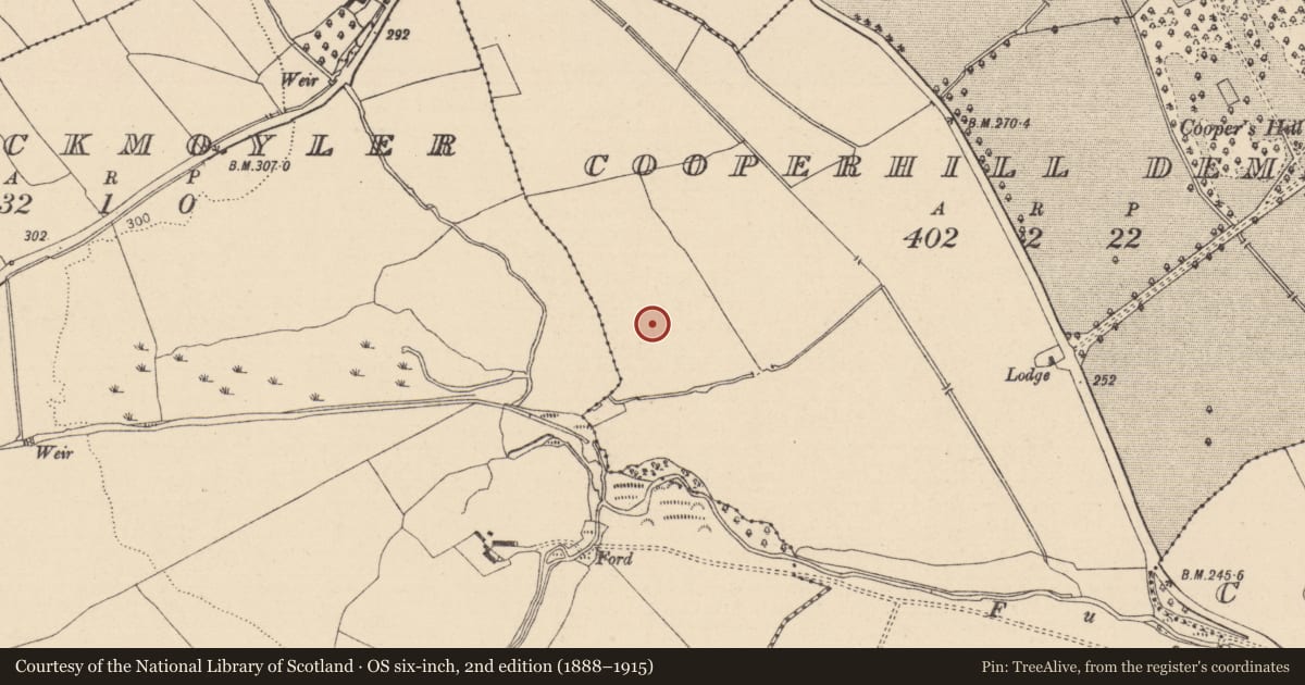Ordnance Survey six-inch map, 2nd edition (1888–1915) covering the location of Enclosure, Cooperhill Demesne, County Laois, with a pin at the register's coordinates