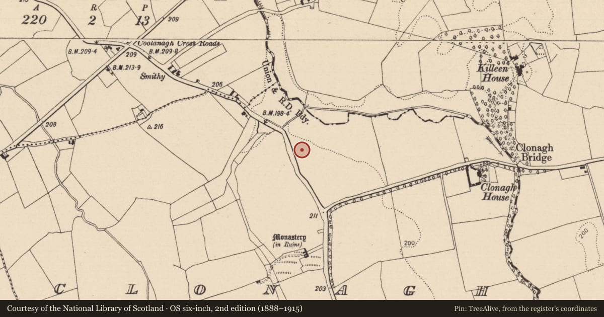 Ordnance Survey six-inch map, 2nd edition (1888–1915) covering the location of Enclosure, Clonagh, County Laois, with a pin at the register's coordinates