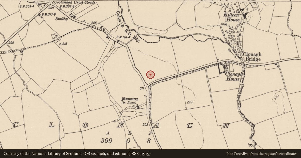 Ordnance Survey six-inch map, 2nd edition (1888–1915) covering the location of Enclosure, Clonagh, County Laois, with a pin at the register's coordinates