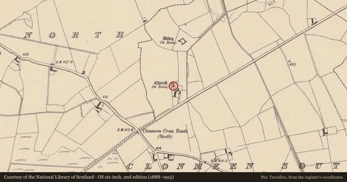 Ordnance Survey six-inch map, 2nd edition (1888–1915) covering the location of Church, Clonmeen South, County Laois, with a pin at the register's coordinates