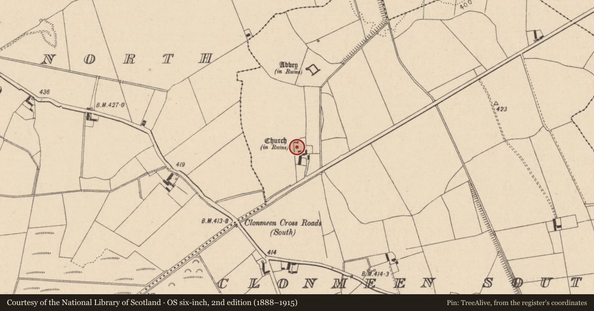 Ordnance Survey six-inch map, 2nd edition (1888–1915) covering the location of Graveyard, Clonmeen South, County Laois, with a pin at the register's coordinates