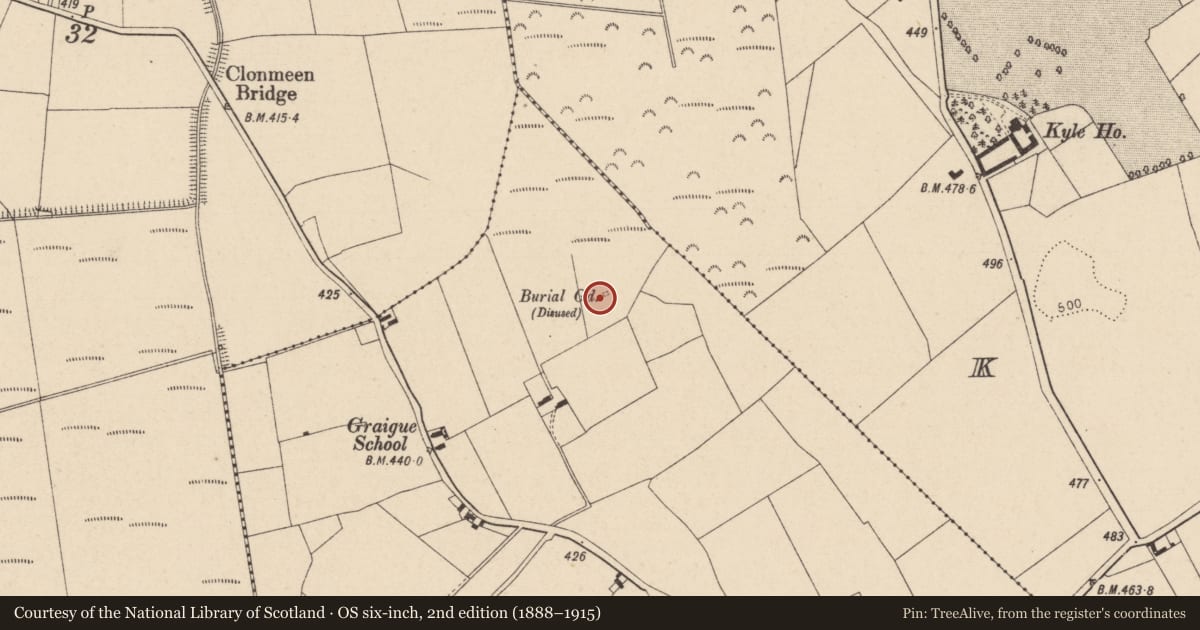 Ordnance Survey six-inch map, 2nd edition (1888–1915) covering the location of Burial ground, Graigueadrisly, County Laois, with a pin at the register's coordinates