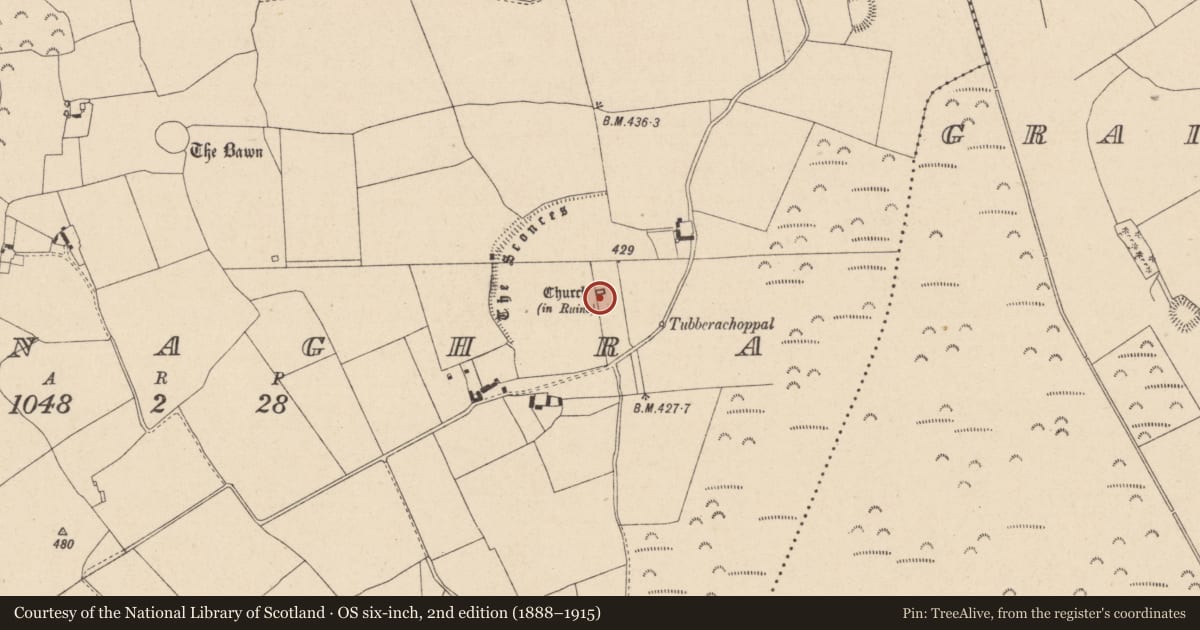 Ordnance Survey six-inch map, 2nd edition (1888–1915) covering the location of Church, Baunaghra, County Laois, with a pin at the register's coordinates