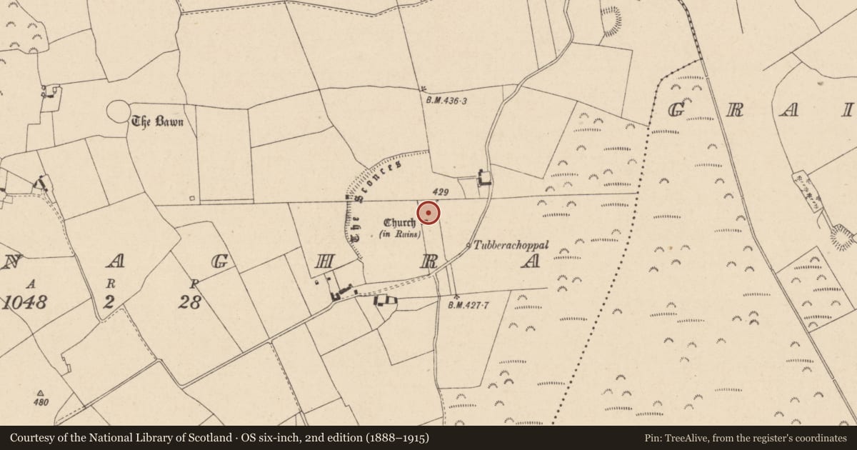 Ordnance Survey six-inch map, 2nd edition (1888–1915) covering the location of Graveyard, Baunaghra, County Laois, with a pin at the register's coordinates