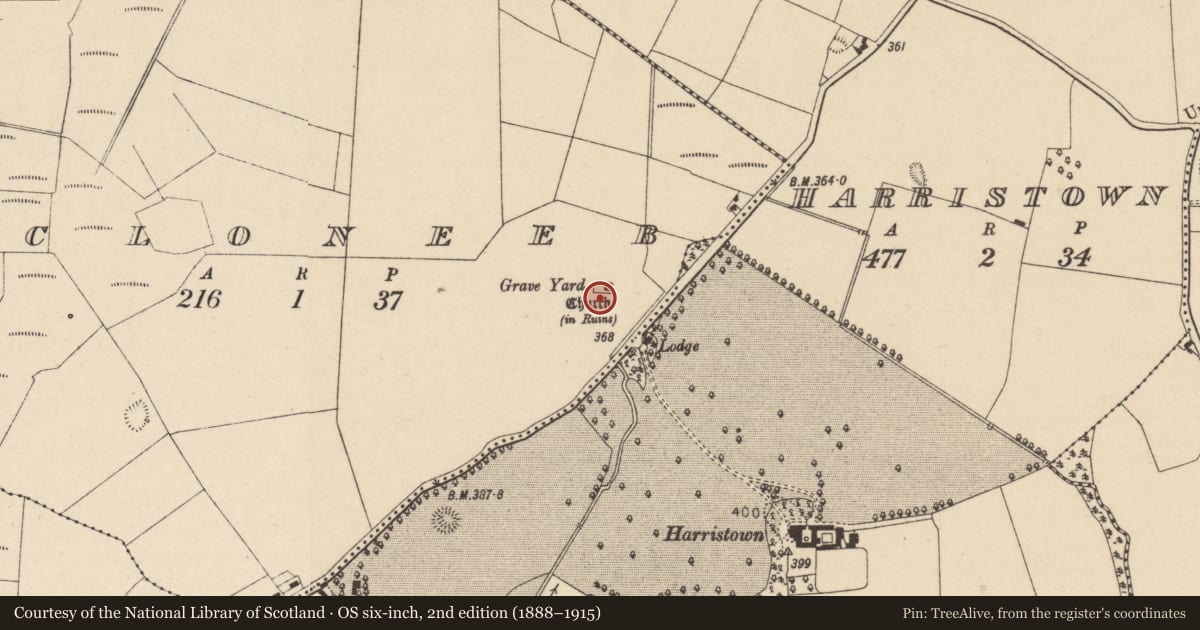 Ordnance Survey six-inch map, 2nd edition (1888–1915) covering the location of Graveyard, Cloneeb, County Laois, with a pin at the register's coordinates