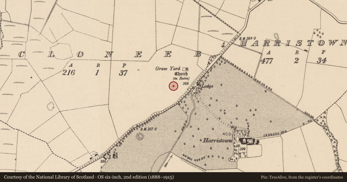 Ordnance Survey six-inch map, 2nd edition (1888–1915) covering the location of Field system, Cloneeb, County Laois, with a pin at the register's coordinates