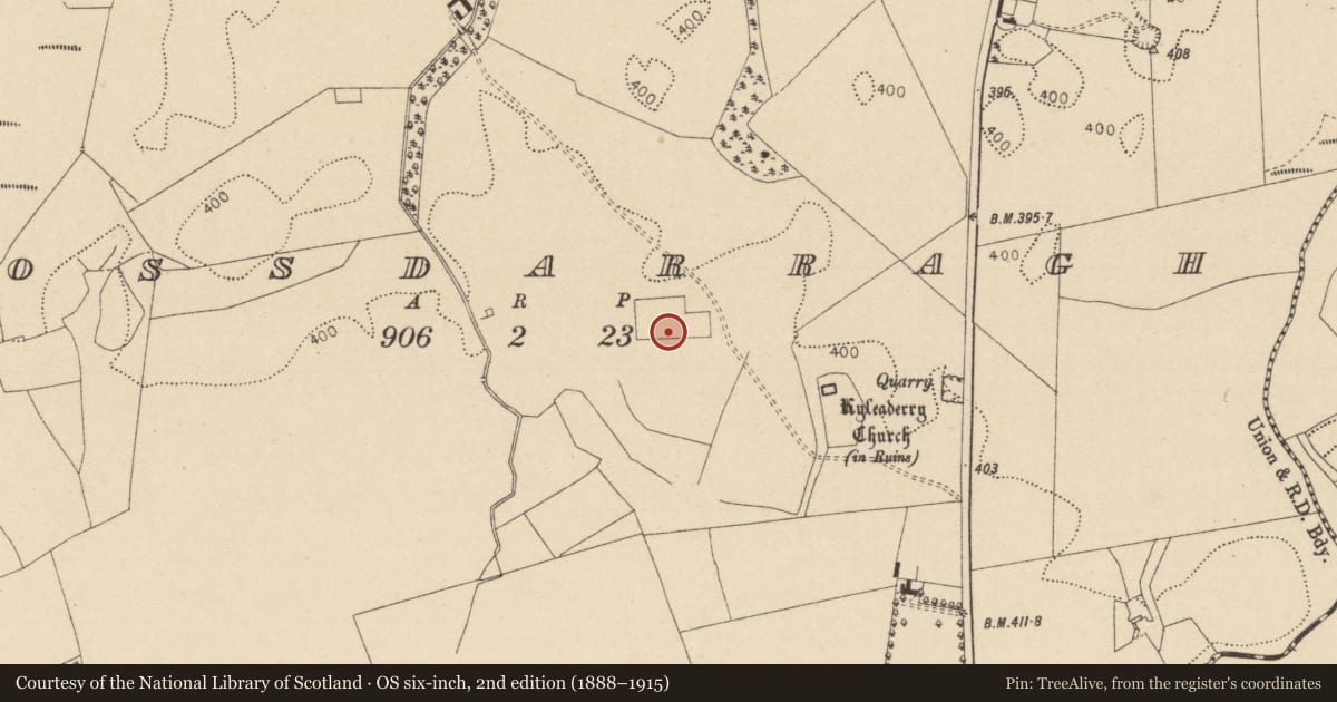 Ordnance Survey six-inch map, 2nd edition (1888–1915) covering the location of Castle - unclassified, Rossdarragh, County Laois, with a pin at the register's coordinates