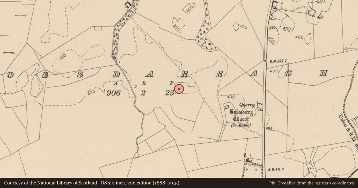 Ordnance Survey six-inch map, 2nd edition (1888–1915) covering the location of Enclosure, Rossdarragh, County Laois, with a pin at the register's coordinates