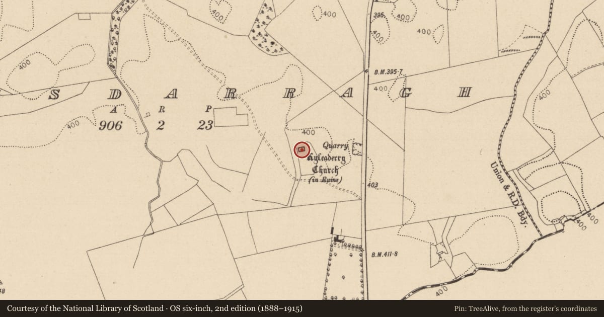 Ordnance Survey six-inch map, 2nd edition (1888–1915) covering the location of Church, Rossdarragh, County Laois, with a pin at the register's coordinates