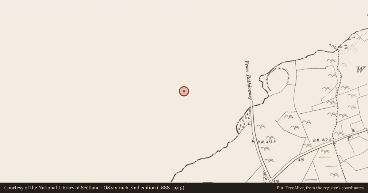 Ordnance Survey six-inch map, 2nd edition (1888–1915) covering the location of Moated site, Rossdarragh, County Laois, with a pin at the register's coordinates