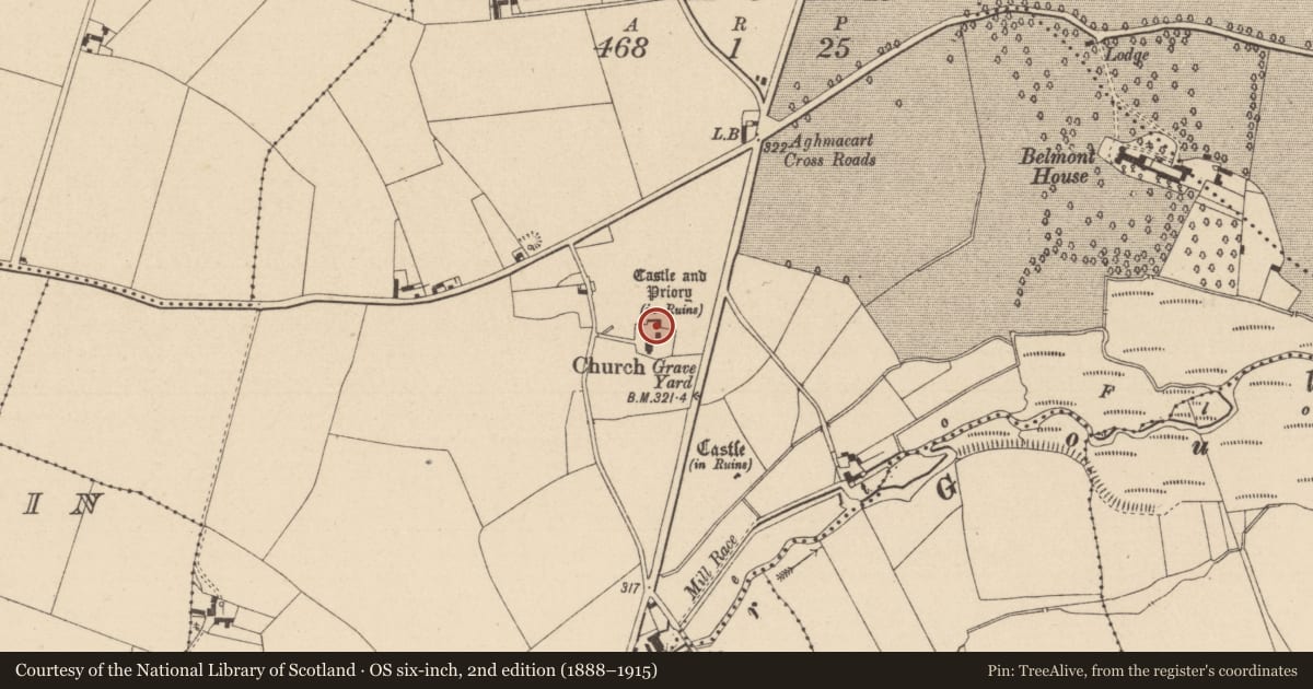 Ordnance Survey six-inch map, 2nd edition (1888–1915) covering the location of Castle - unclassified, Aghmacart, County Laois, with a pin at the register's coordinates