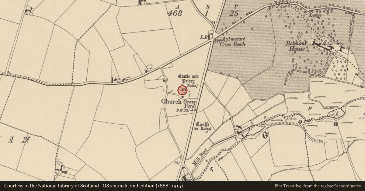 Ordnance Survey six-inch map, 2nd edition (1888–1915) covering the location of Religious house - Augustinian canons, Aghmacart, County Laois, with a pin at the register's coordinates