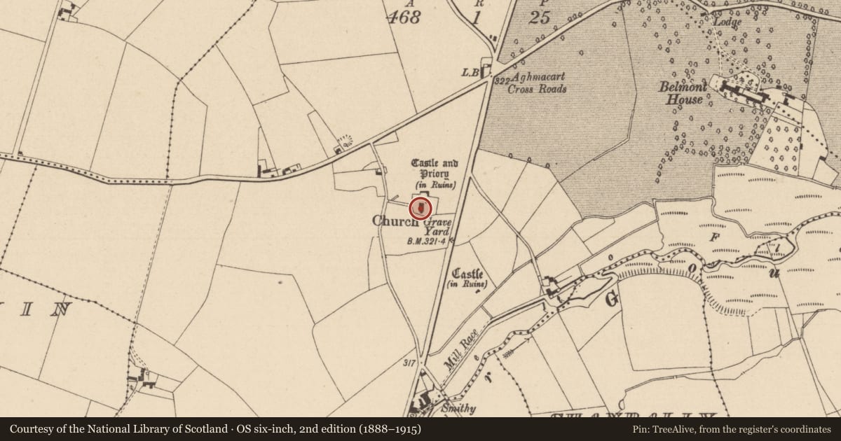 Ordnance Survey six-inch map, 2nd edition (1888–1915) covering the location of Church, Aghmacart, County Laois, with a pin at the register's coordinates