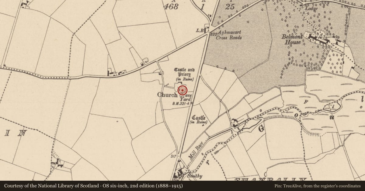Ordnance Survey six-inch map, 2nd edition (1888–1915) covering the location of Graveyard, Aghmacart, County Laois, with a pin at the register's coordinates