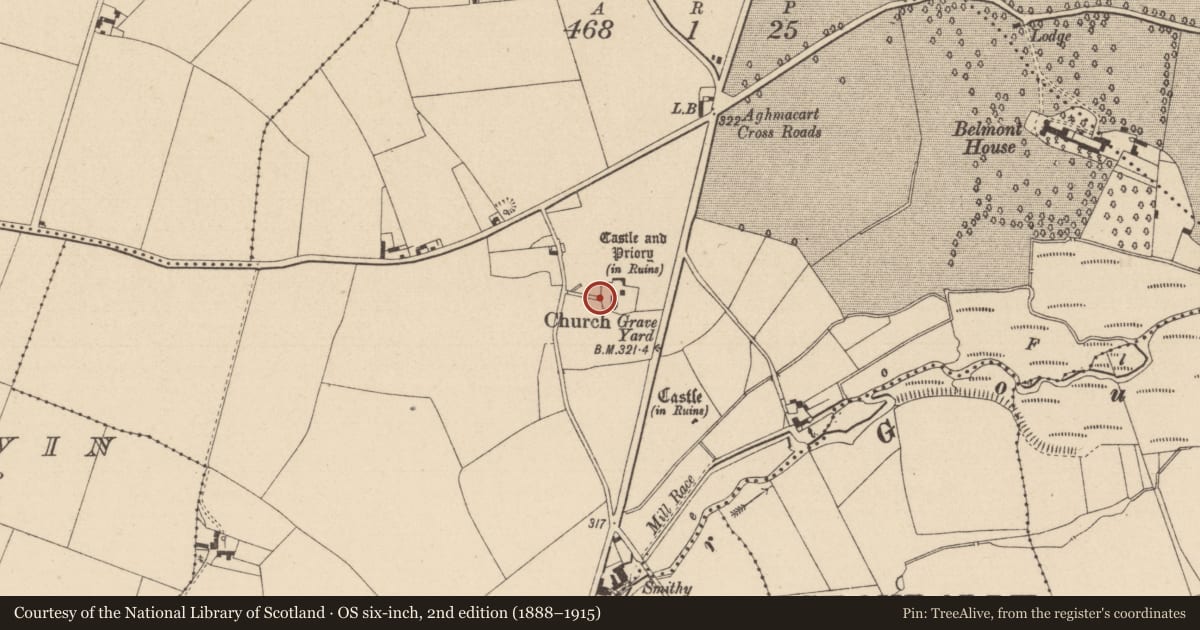 Ordnance Survey six-inch map, 2nd edition (1888–1915) covering the location of Gateway, Aghmacart, County Laois, with a pin at the register's coordinates