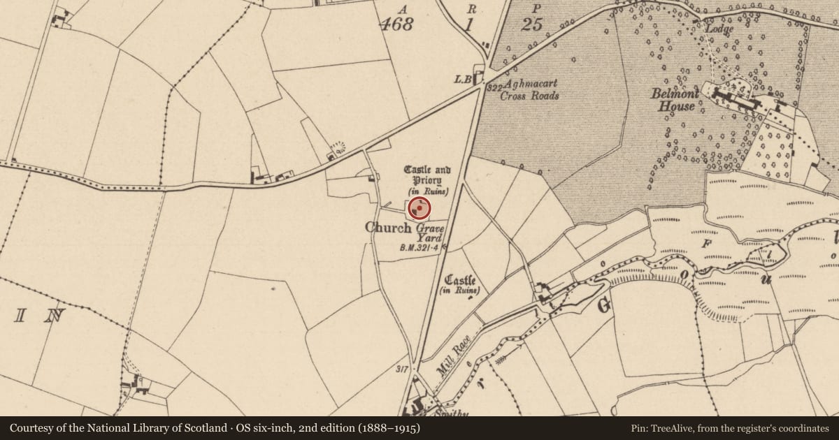 Ordnance Survey six-inch map, 2nd edition (1888–1915) covering the location of Mausoleum, Aghmacart, County Laois, with a pin at the register's coordinates