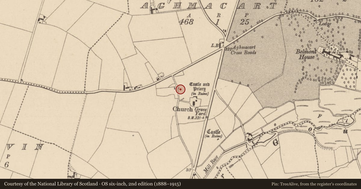 Ordnance Survey six-inch map, 2nd edition (1888–1915) covering the location of Well, Aghmacart, County Laois, with a pin at the register's coordinates