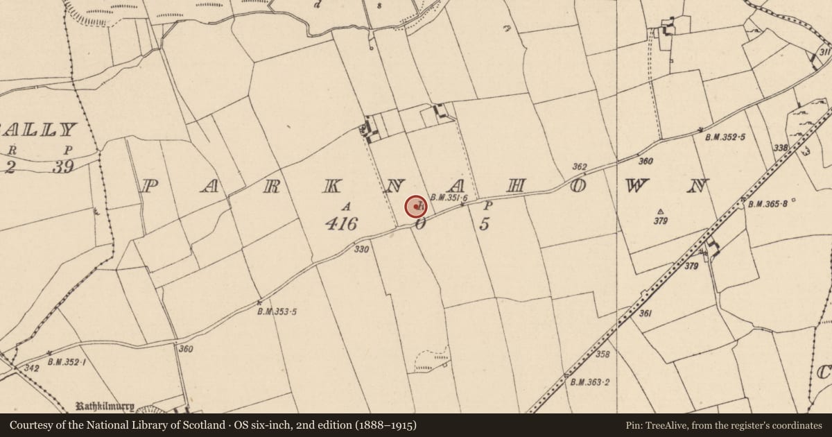 Ordnance Survey six-inch map, 2nd edition (1888–1915) covering the location of Enclosure, Parknahown, County Laois, with a pin at the register's coordinates