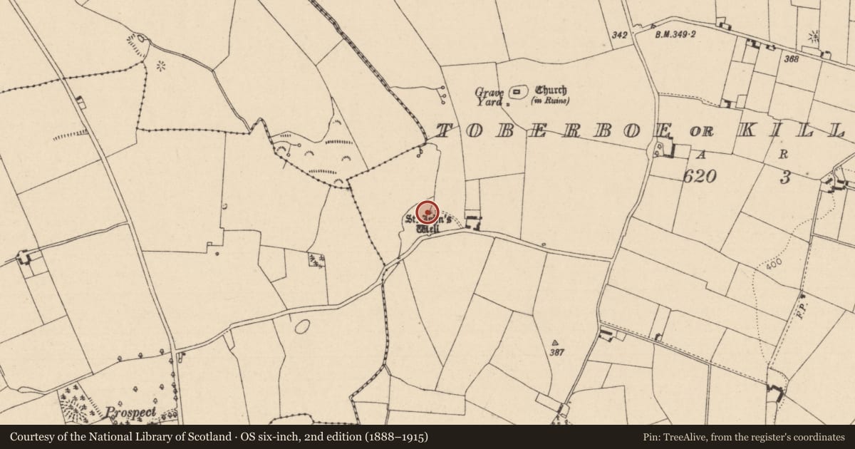 Ordnance Survey six-inch map, 2nd edition (1888–1915) covering the location of Ritual site - holy well, Toberboe Or Killenny More, County Laois, with a pin at the register's coordinates