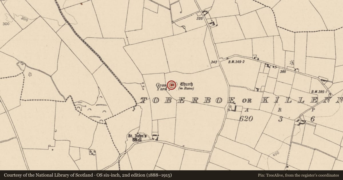 Ordnance Survey six-inch map, 2nd edition (1888–1915) covering the location of Church, Toberboe Or Killenny More, County Laois, with a pin at the register's coordinates