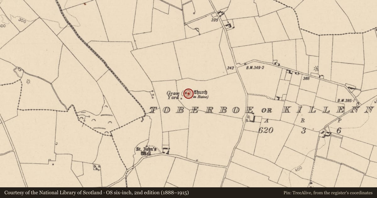 Ordnance Survey six-inch map, 2nd edition (1888–1915) covering the location of Graveyard, Toberboe Or Killenny More, County Laois, with a pin at the register's coordinates