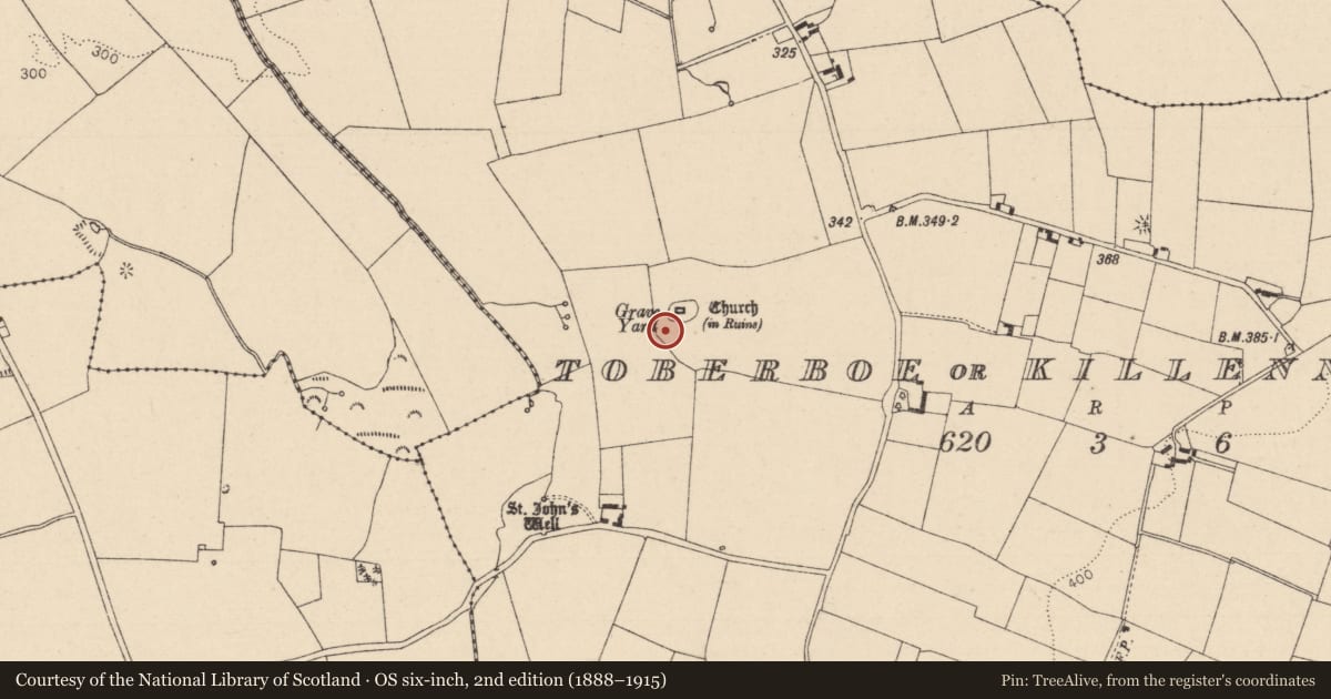 Ordnance Survey six-inch map, 2nd edition (1888–1915) covering the location of Gateway, Toberboe Or Killenny More, County Laois, with a pin at the register's coordinates