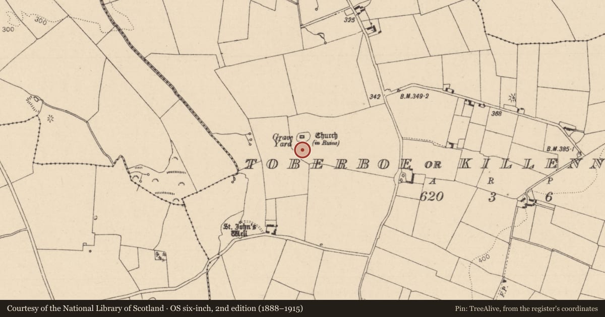 Ordnance Survey six-inch map, 2nd edition (1888–1915) covering the location of Ecclesiastical enclosure, Toberboe Or Killenny More, County Laois, with a pin at the register's coordinates