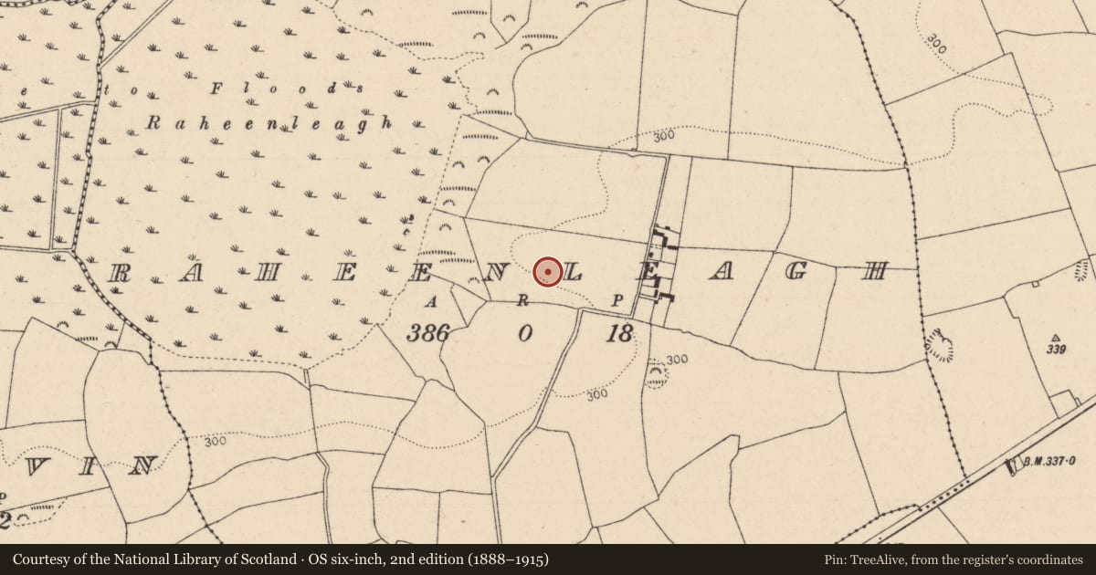 Ordnance Survey six-inch map, 2nd edition (1888–1915) covering the location of Enclosure, Raheenleagh, County Laois, with a pin at the register's coordinates