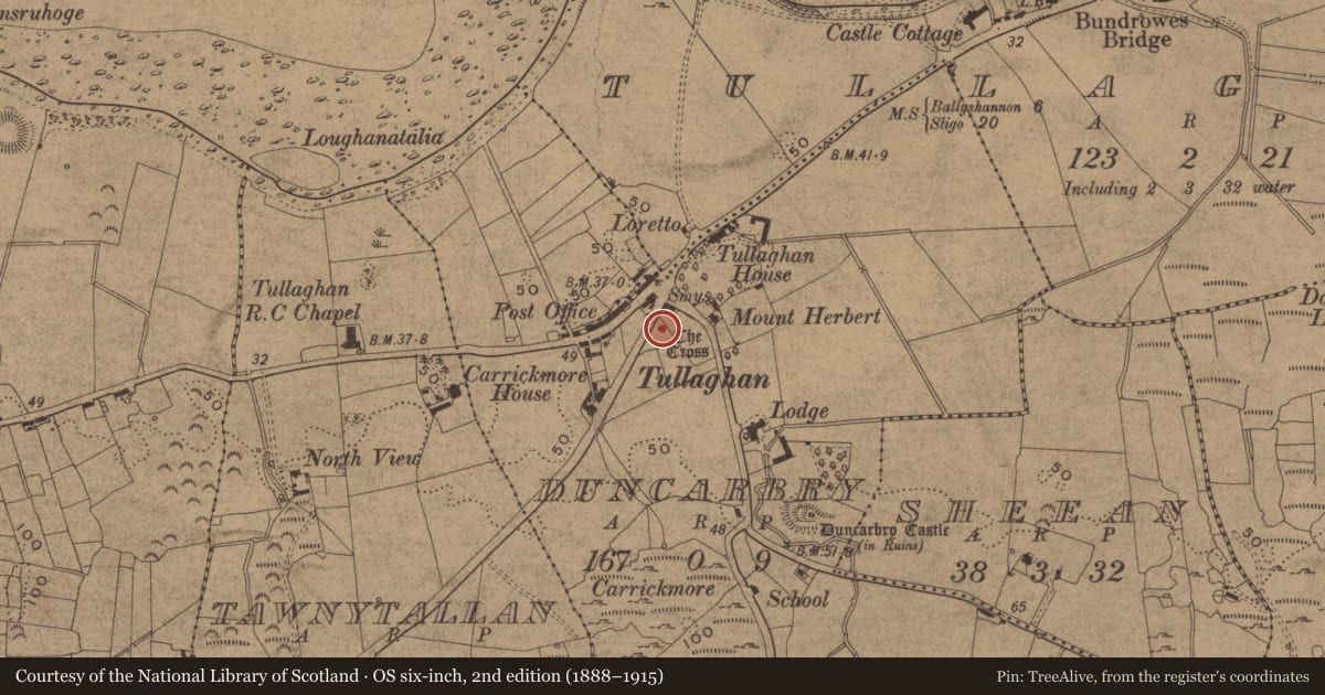 Ordnance Survey six-inch map, 2nd edition (1888–1915) covering the location of Burial, Duncarbry, County Leitrim, with a pin at the register's coordinates