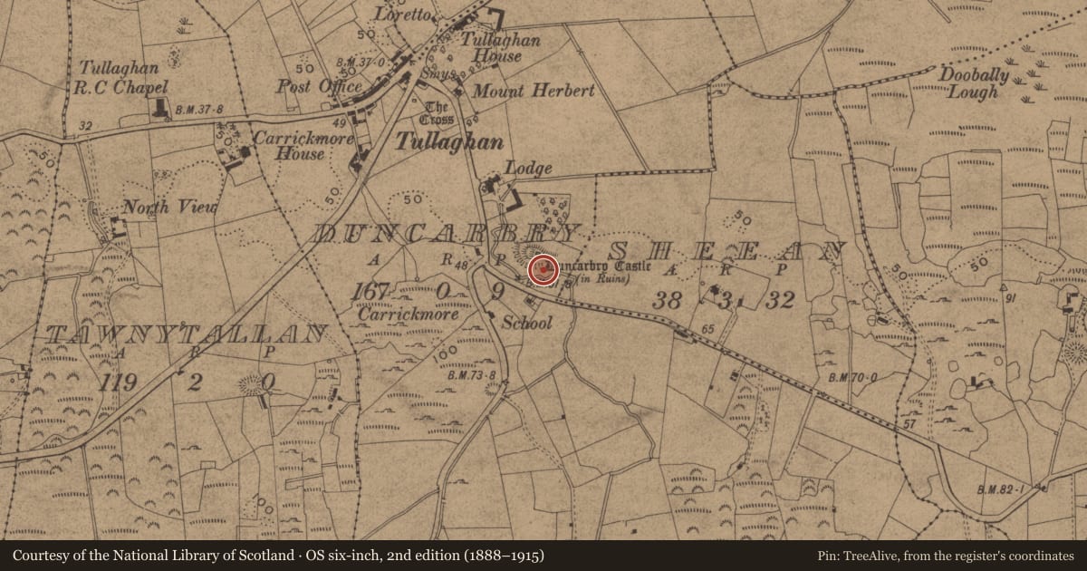 Ordnance Survey six-inch map, 2nd edition (1888–1915) covering the location of Castle - tower house, Duncarbry, County Leitrim, with a pin at the register's coordinates