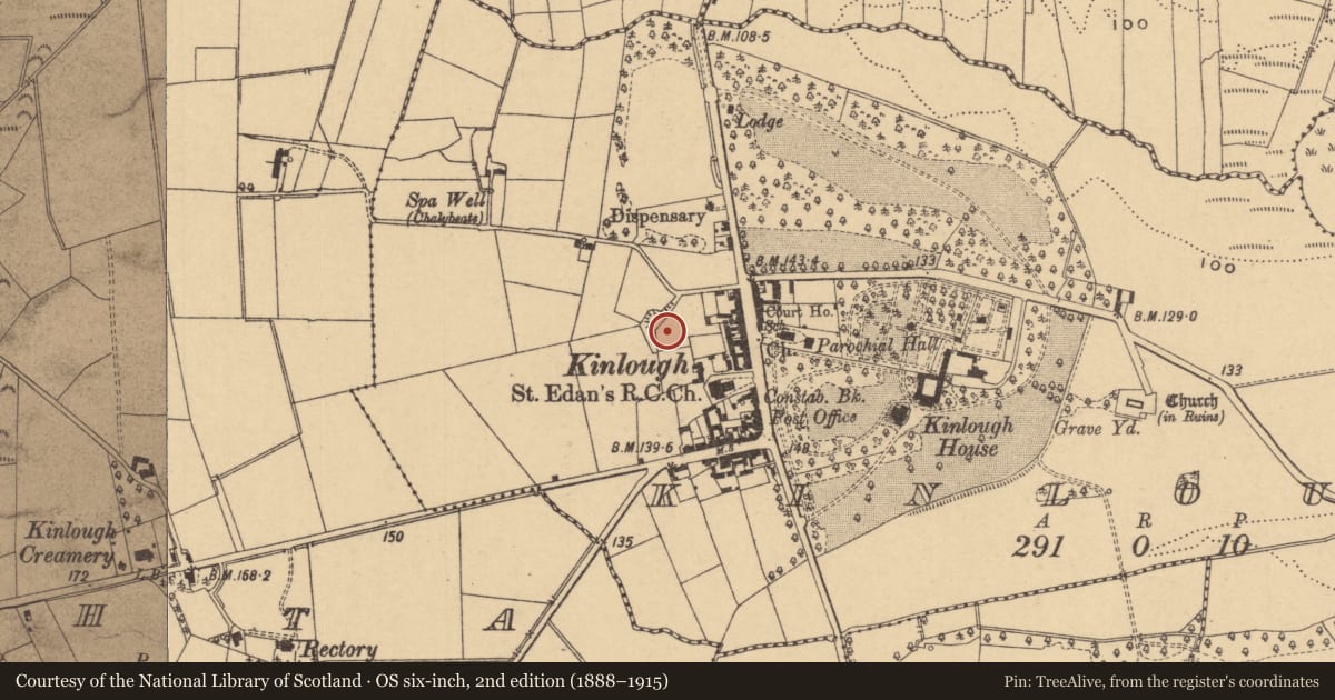 Ordnance Survey six-inch map, 2nd edition (1888–1915) covering the location of Kiln - lime, Kinlough, County Leitrim, with a pin at the register's coordinates