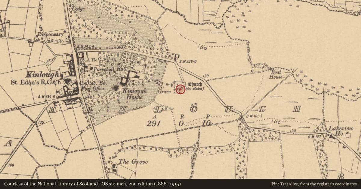 Ordnance Survey six-inch map, 2nd edition (1888–1915) covering the location of Church, Kinlough, County Leitrim, with a pin at the register's coordinates