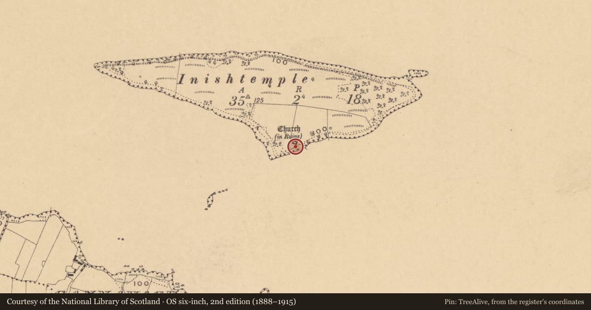 Ordnance Survey six-inch map, 2nd edition (1888–1915) covering the location of Church, Inishtemple Island, County Leitrim, with a pin at the register's coordinates