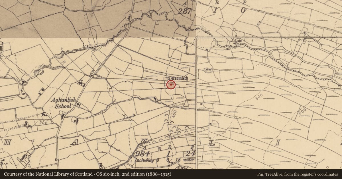 Ordnance Survey six-inch map, 2nd edition (1888–1915) covering the location of Sheepfold, Aghanlish, County Leitrim, with a pin at the register's coordinates