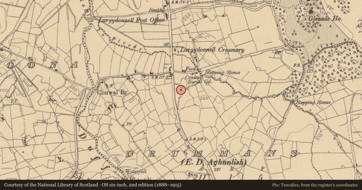 Ordnance Survey six-inch map, 2nd edition (1888–1915) covering the location of Church, Drummans, County Leitrim, with a pin at the register's coordinates