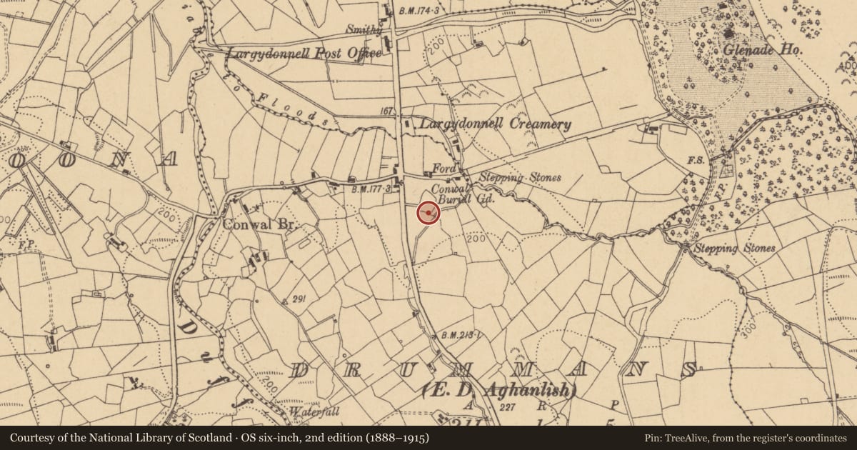 Ordnance Survey six-inch map, 2nd edition (1888–1915) covering the location of Graveyard, Drummans, County Leitrim, with a pin at the register's coordinates